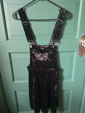 Hot Topic Black Velvet Pinafore Dress with Moon & Rose Embroidery
